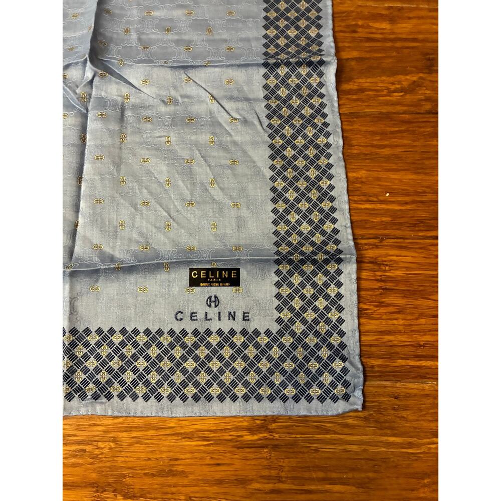 Celine Paris Handkerchief Scarf Blue/Grey Geometric Border Cotton Pocket Square - Picture 7 of 7